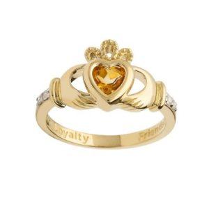 14ct Yellow Gold Claddagh Birthstone Diamond Ring November