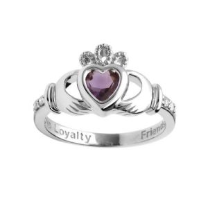 14ct White Gold Claddagh Birthstone Diamond Ring June