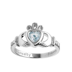 14ct White Gold Claddagh Birthstone Diamond Ring March