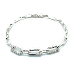 Sterling Silver Paperclip Link Bracelet with Zirconias