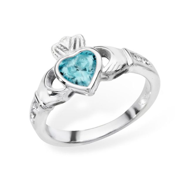 Sterling Silver Claddagh Birthstone Ring March