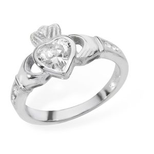 Sterling Silver Claddagh Birthstone Ring April