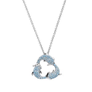 Sterling Silver Aqua SW Crystal Triple Dolphin Necklace
