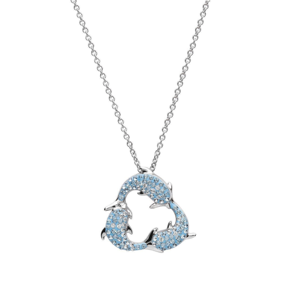 Sterling Silver Aqua SW Crystal Triple Dolphin Necklace