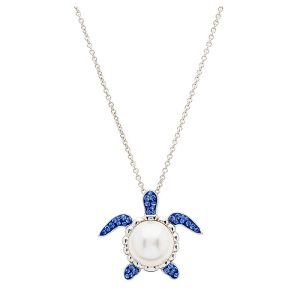 Sterling Silver Pearl / Sapphire Crystal Turtle Necklace