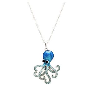 Sterling Silver Sapphire Enamel and CZ Octopus Necklace