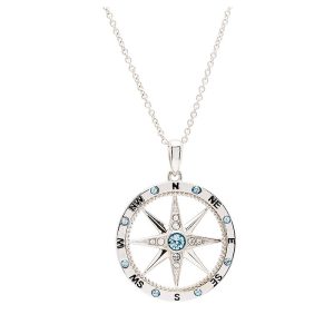 Sterling Silver Aqua/White Crystal Compass Necklace