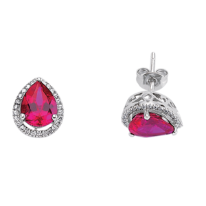 Sterling Silver Cubic Zirconia Ruby Pear Drop Stud Earrings