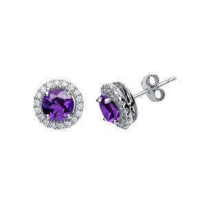Silver Cubic Zirconia Amethyst Cluster Stud Earrings