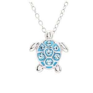 Sterling Siver Aqua Crystal Turtle Mini Necklace